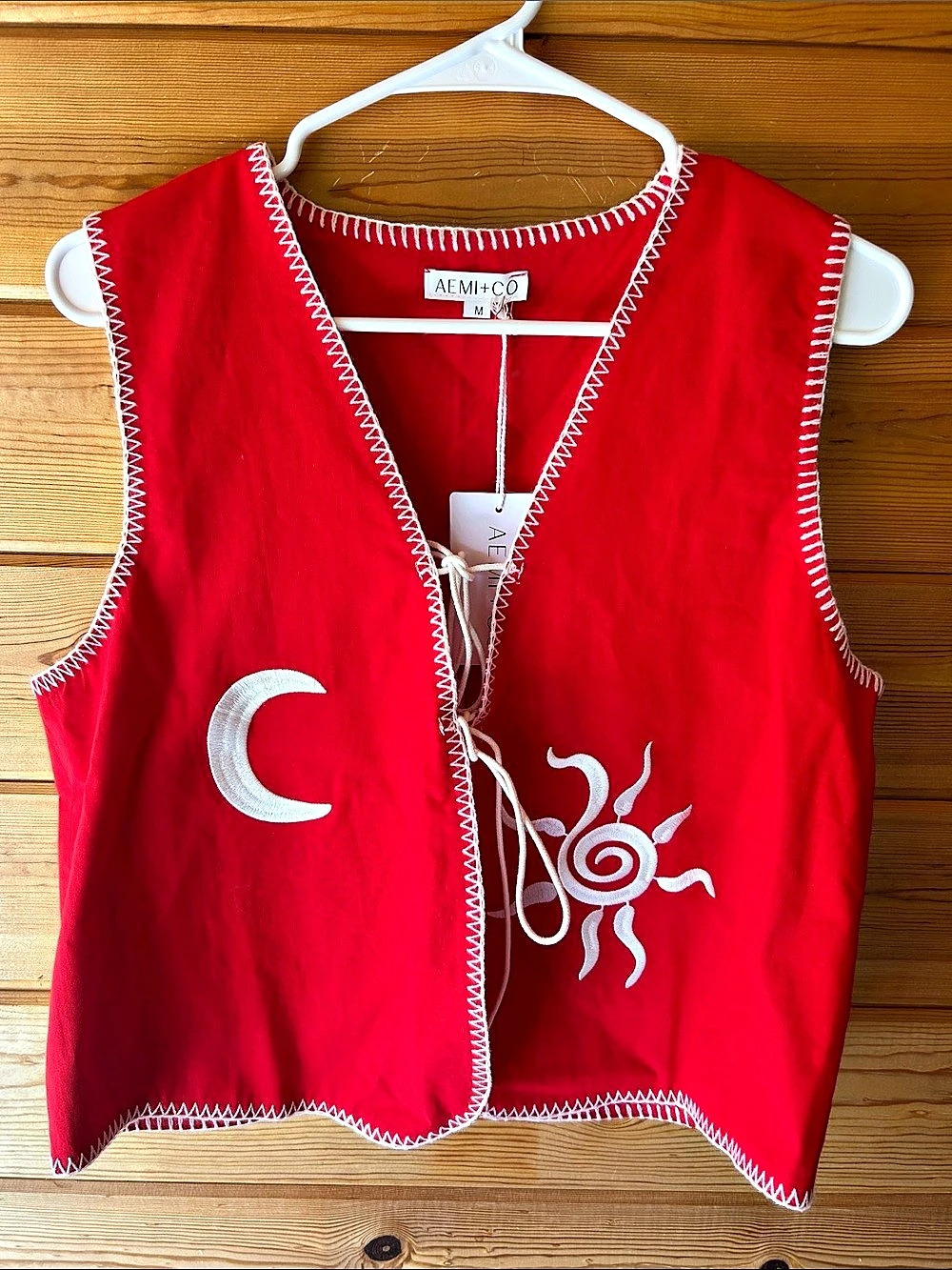 AEMI+CO Embroidered Tied Front Vest Coat Red Medium